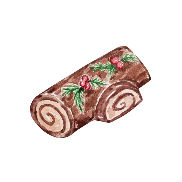 Vector aquarel kerst illustratie van chocolade roll geïsoleerd op een witte achtergrond.