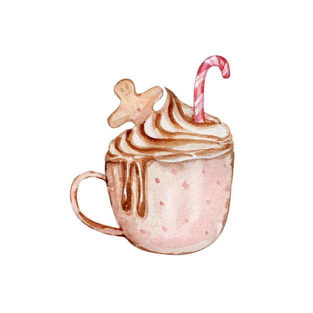 Aquarel kerst illustratie van roze mok met cacao geïsoleerd op een witte achtergrond.