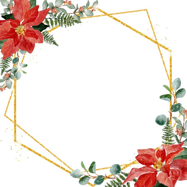 Aquarel kerst poinsettia bloem boeket krans frame met gouden glitter