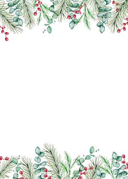 Aquarel kerst rechthoekig frame met winter sparren en pijnboomtakken