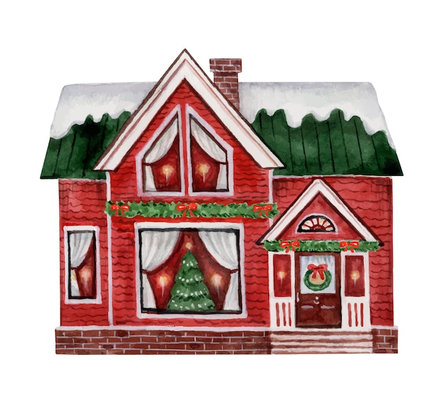 Vector aquarel kerst rood huis geïsoleerd op een witte achtergrond
