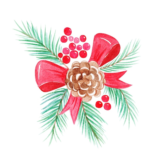 Aquarel kerst spar tak met rood lint kegel rode bessen op witte achtergrond