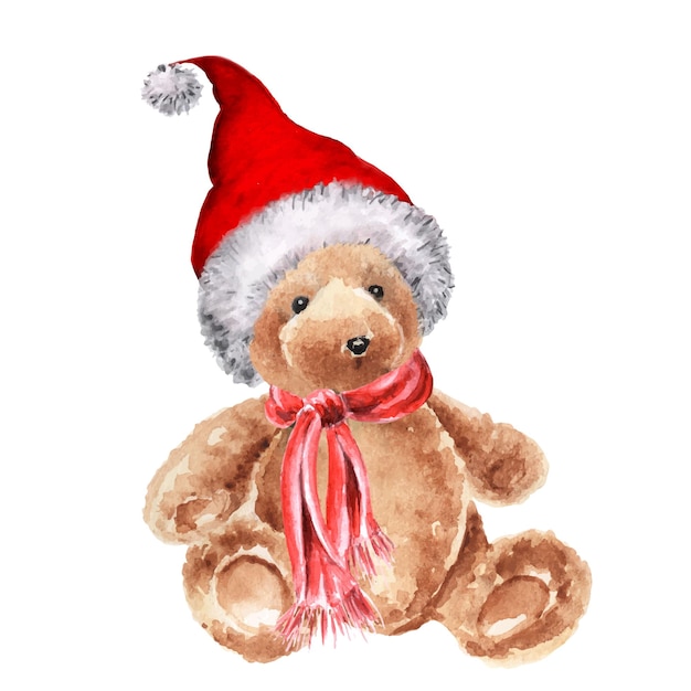 Aquarel kerst teddybeer in kerstmuts