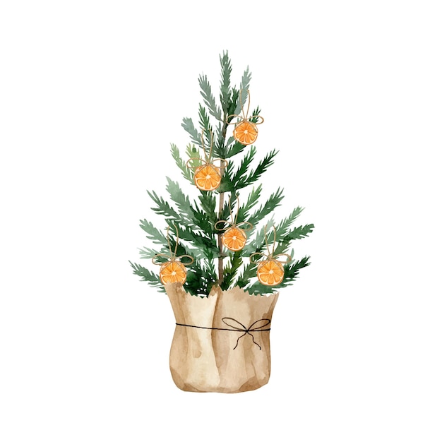 Aquarel kerstboom ambachtelijke papierpakket versierd met gedroogde sinaasappelen. Vakantie clipart in boho-stijl