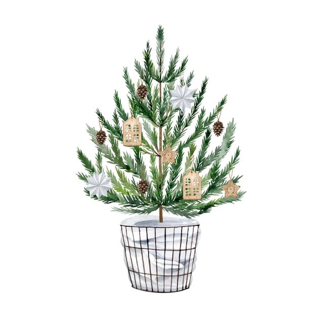 Aquarel kerstboom in zwarte draadmand en versierd met organische houten decoraties en kegels