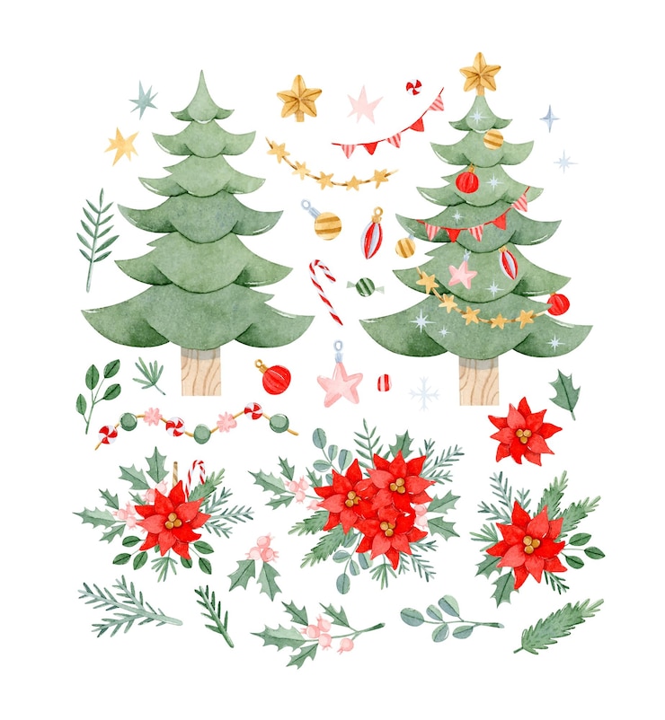 Vector aquarel kerstboomconstructeur met kerstversiering poinsettia en botanische elementen