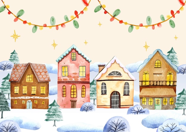 Aquarel kerstdorp illustratie