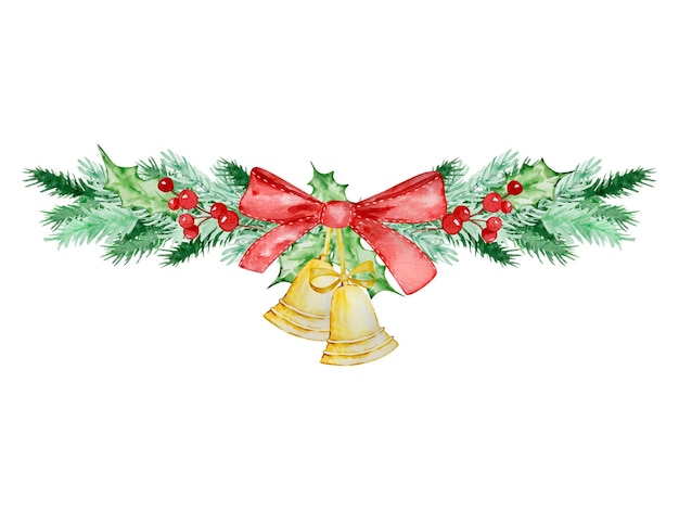 Aquarel kerstframe van dennen- en dennentakken met decoraties