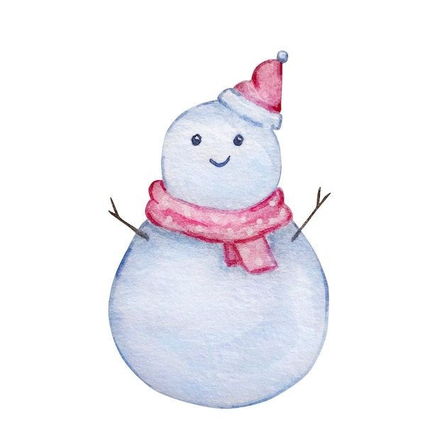 Aquarel kerstillustratie, winter stadselementen, schattige sneeuwpop