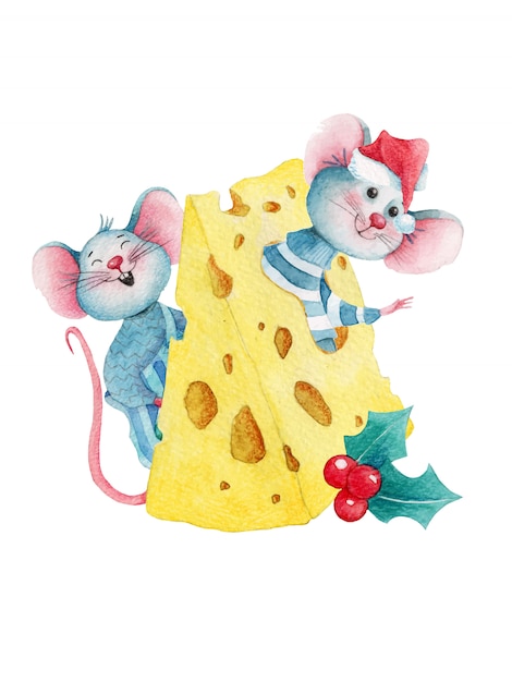 Aquarel Kerstmis illustratie van schattige cartoon muizen in kaas