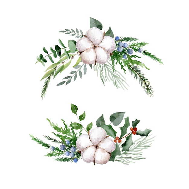 Aquarel kerstset met bloemencomposities met katoen in minimalistische Scandinavische stijl.