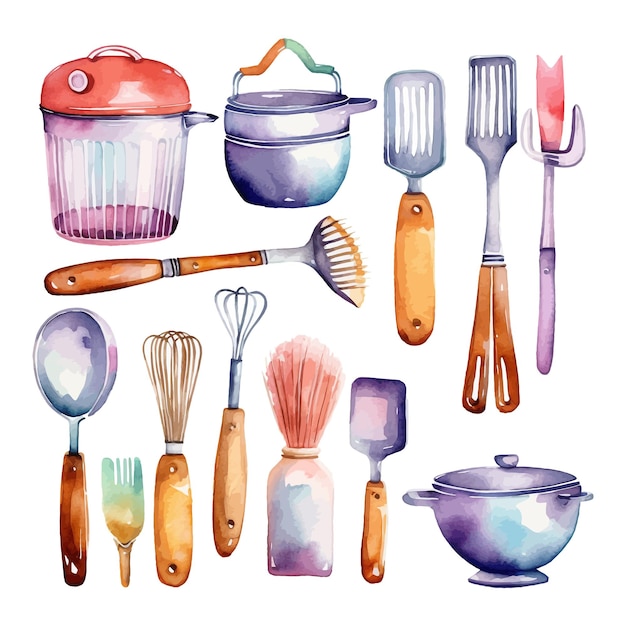 Vector aquarel keukengerei clipart voor bakkerij decoratie witte achtergrond