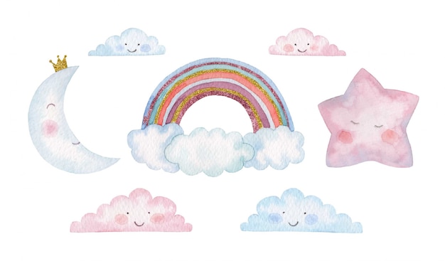 Aquarel kinderen set regenboog, ster, maan en wolken