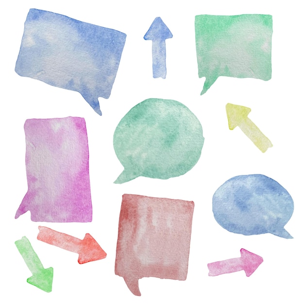 Vector aquarel kleurrijke spraak en gedachte communicatie bubbels geïsoleerd op wit