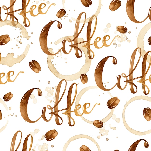 Aquarel koffie belettering met vlekken en koffiebonen naadloos patroon