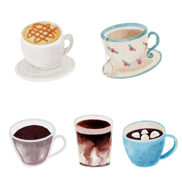 Aquarel koffie en drank elementen collectie op witte achtergrond geïsoleerd