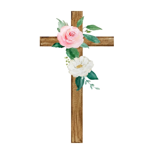 Aquarel kruis versierd met bloemen Pasen religieus symbool