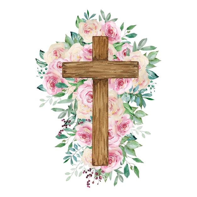 Aquarel kruis versierd met rozen Pasen religieus symbool