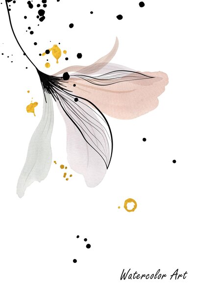 Aquarel kunst uitnodigingskaart van natuurlijke zachte bloemen versierd met gouden druppels. art botanische aquarel handgeschilderde geïsoleerd op een witte achtergrond. borstel in bestand.