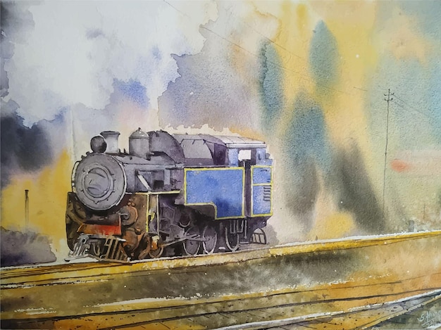 Aquarel landschap schilderij oude trein hand getekende illustratie