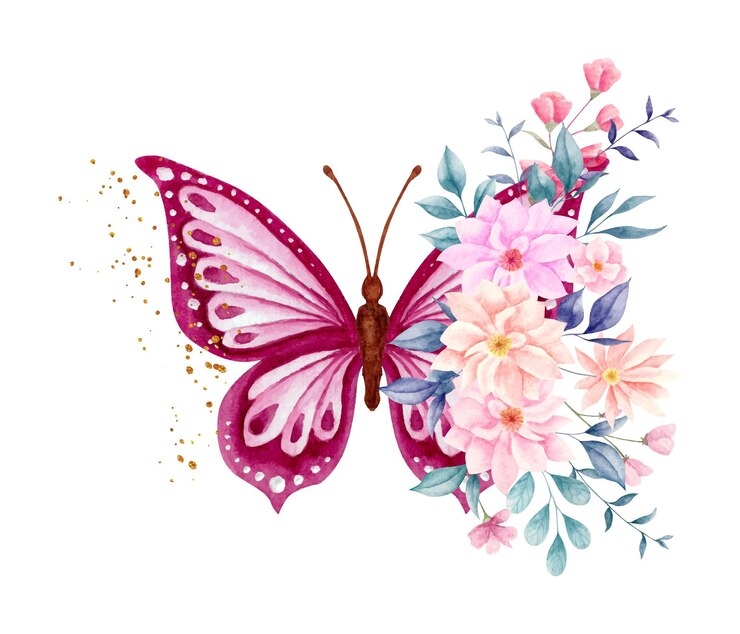 Aquarel lente bloemen en bladeren boeket met mooie vlinder