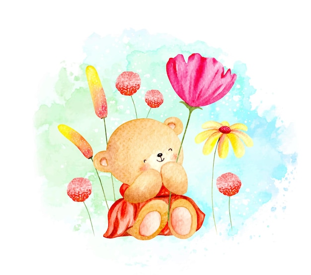 Aquarel lente teddybeer met bloemen