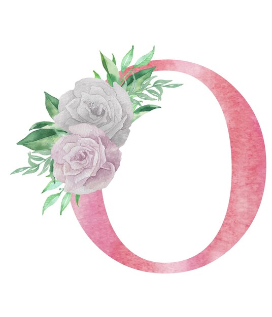 Aquarel letter o met bloemen en bladeren bloemen roze hoofdletter o voor huwelijksuitnodigingen