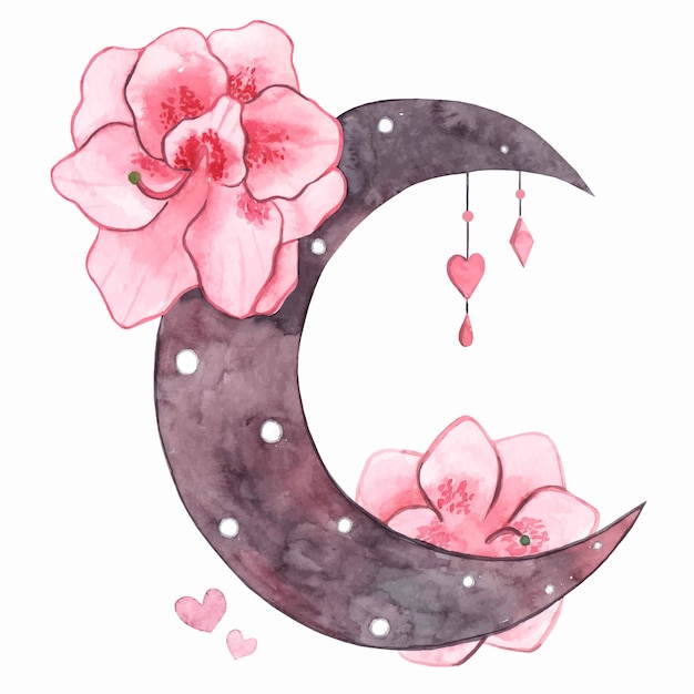 Aquarel maan illustratie Grijze maan met bloemen