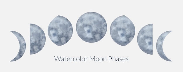 Aquarel maanfasen stellen volledige halvemaanvormige kwartier afnemende en wassende maan mystieke maanillustratie in