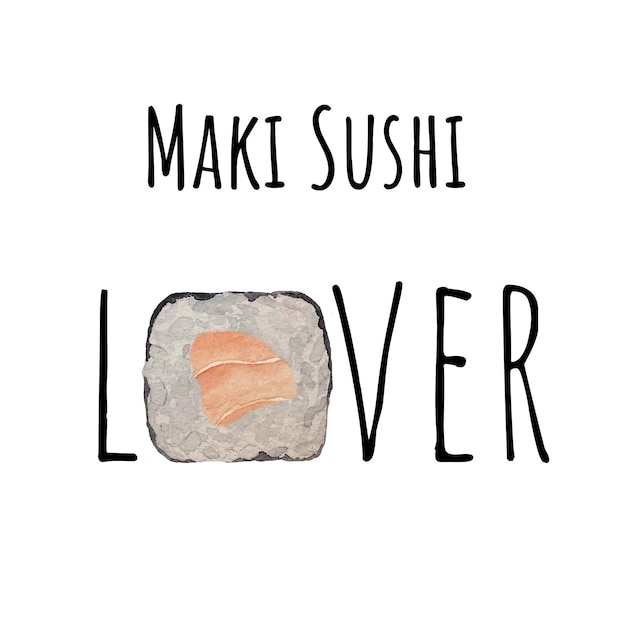 Aquarel maki sushi en roll met zalm kant en bovenaanzicht op witte achtergrond. Maki sushi-liefhebber