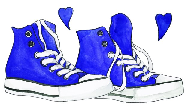 Vector aquarel marineblauwe sneakers paar schoenen harten liefde geïsoleerde vector