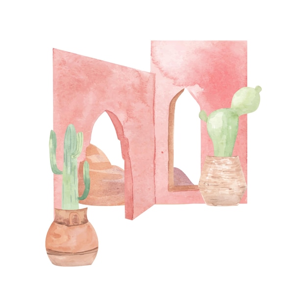 Aquarel Marokkaanse architectuur elementen woestijn stad scène Oude historische boog in roze kleur