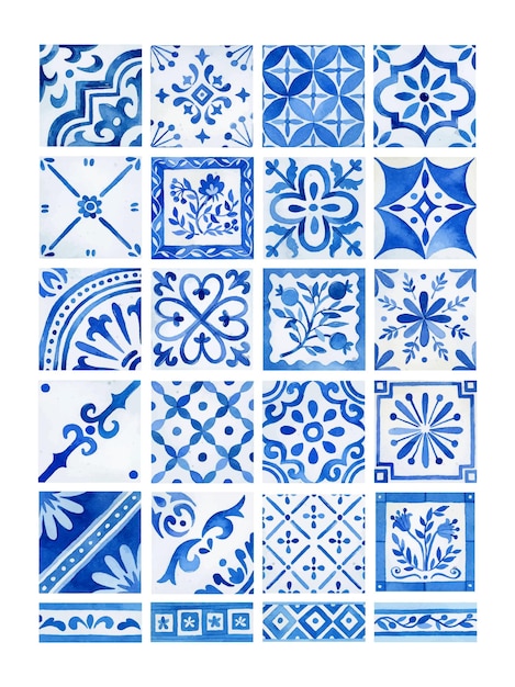 Vector aquarel mediterrane tegels en randen geïsoleerde clipart set