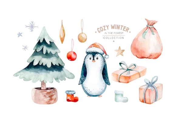 Aquarel Merry Christmas illustratie met vakantie pinguïn pine geschenken Winter nieuwjaar ontwerp