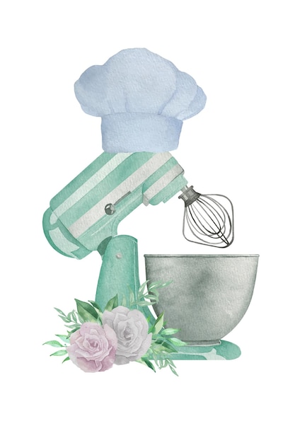 Aquarel mint turquoise gebakje planetaire mixer met bloemen en groen