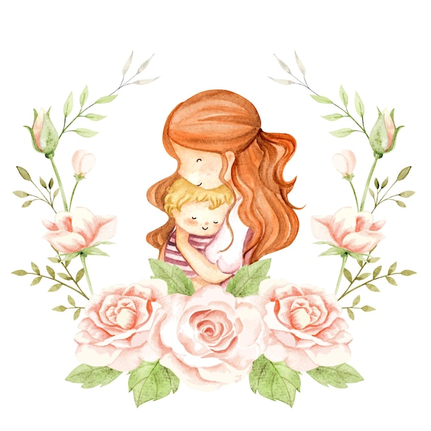 Aquarel moeder en baby in rozen krans