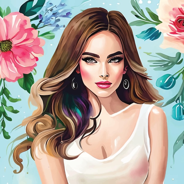Aquarel mooi meisje illustratie met bloemen