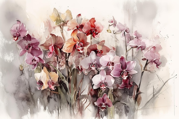 Aquarel mooie bloesem orchidee bloemen naadloze patroon Vuile aquarel achtergrond Hand tekenen