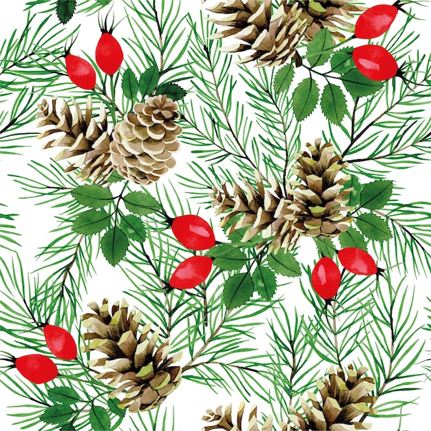 aquarel naadloos patroon met dennentakken kegels en rode bessen van wilde roos kerst print