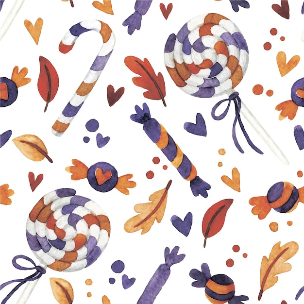 aquarel naadloos patroon met Halloween-snoepjes en snoepjes op een witte achtergrond schattig halloween