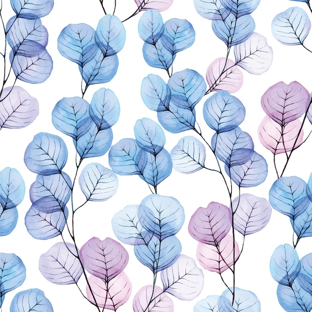 aquarel naadloos patroon met transparante eucalyptusbladeren blauwe en roze kleur