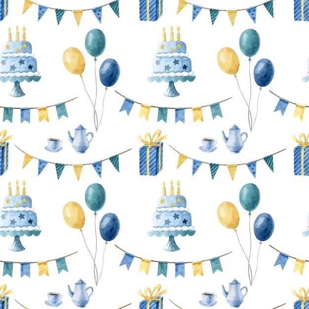 Aquarel naadloos patroon met verjaardagssymbolen Vectorillustratie voor cadeaupapier