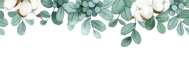 Aquarel naadloze grens met eucalyptus bladeren en katoenen bloemen. delicate print op het thema