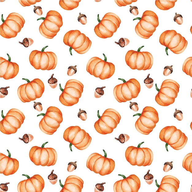 Aquarel naadloze patroon met schattige oranje pompoenen en eikels herfst print geïsoleerd op wit