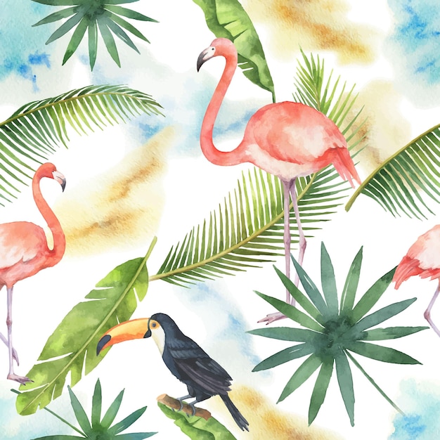 Aquarel naadloze patroon van banner tropische bladeren flamingo en toucan
