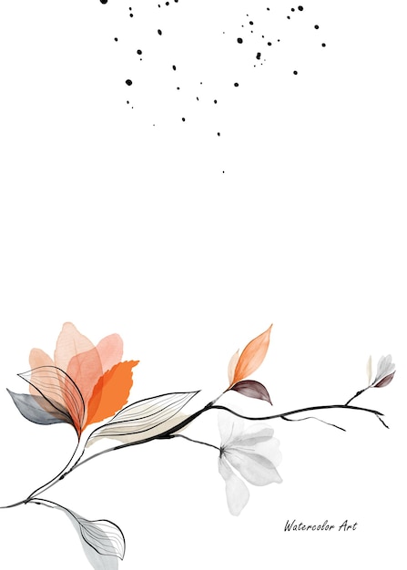Aquarel natuurlijke kunst uitnodigingskaart met takken, bladeren en oranje bloemen. Art botanische aquarel handgeschilderde geïsoleerd op een witte achtergrond. borstel in bestand.