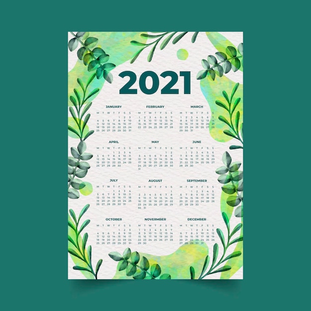 Aquarel nieuwjaar 2021 kalender met bladeren