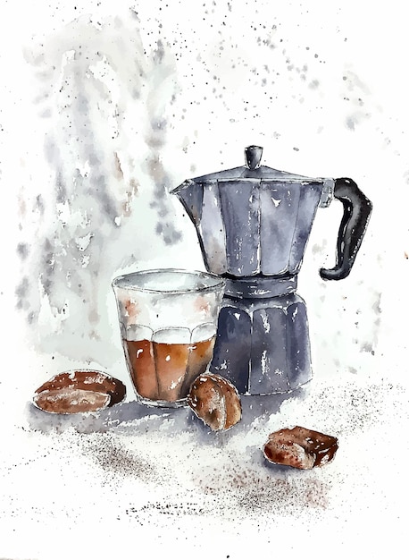 Aquarel ontbijt ochtend koffie ontbijt café cacao koekjes snoep mist