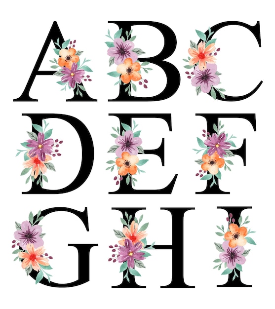 Vector aquarel oranje paarse bloemen alfabetletters ontwerp a - i