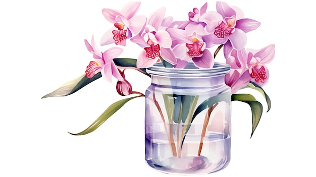 Aquarel orchideebloemen in een glazen pot Mooi schilderij van bloemen van orchidee in een pot